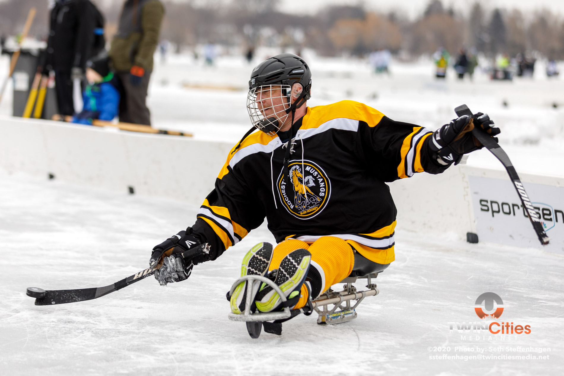 January 26, 2020 - Minneapolis, Minnesota, United States - Rochester Mustangs Gold take on Rochester Mustangs Black in the sled hockey championship game during the U.S. Pond Hockey Championships on Lake Nokomis. 

(Photo by Seth Steffenhagen/Steffenhagen Photography)